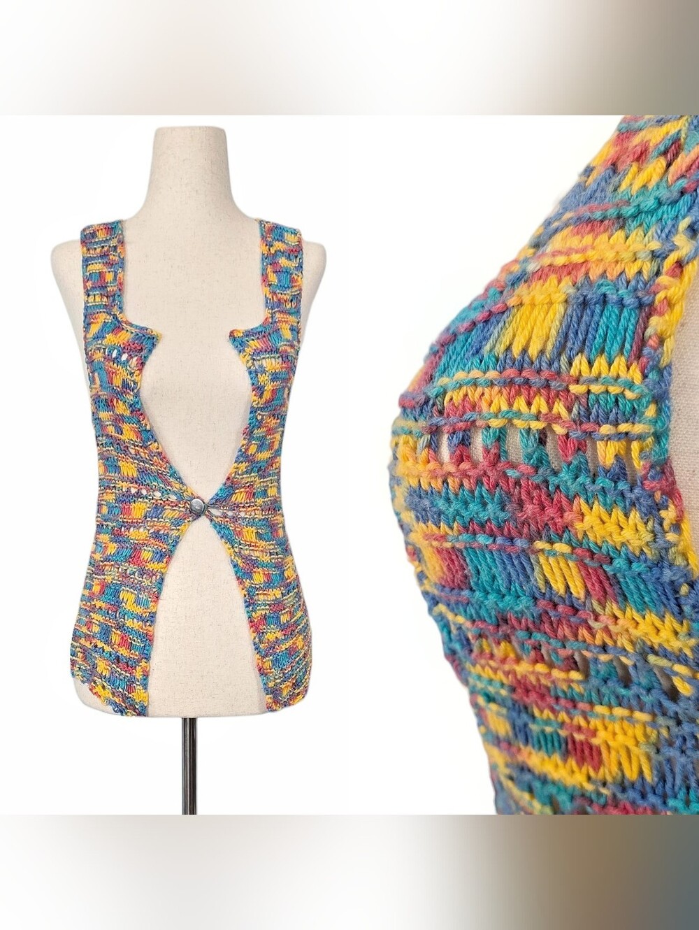 1970s Vintage Vest 70s Crochet Handmade Knit Yarn Top XS Small Hippie Bohemian